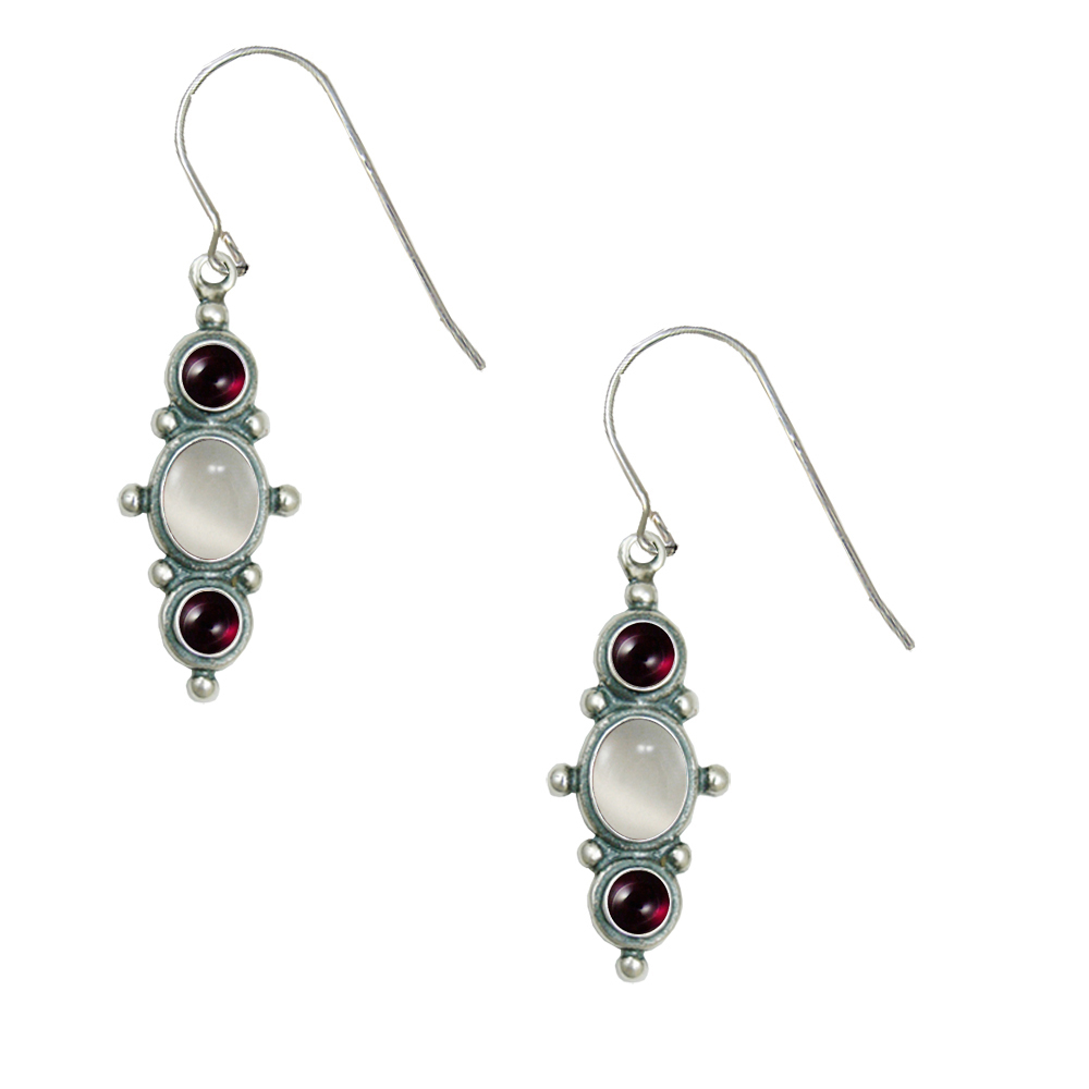 Sterling Silver Drop Dangle Earrings With White Moonstone And Garnet